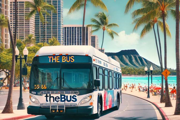 A public bus in a tropical setting