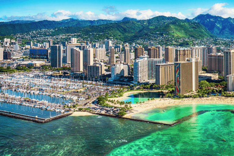 view of boats in the marina on Oahu near ilikai hotel
