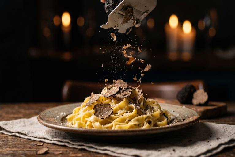 Chef shaves fresh black truffle over fettuccine pasta in dimly lit restaurant