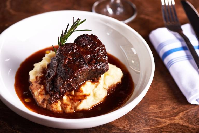 Braised Short Ribs and Mashed Potatoes in White Dish
