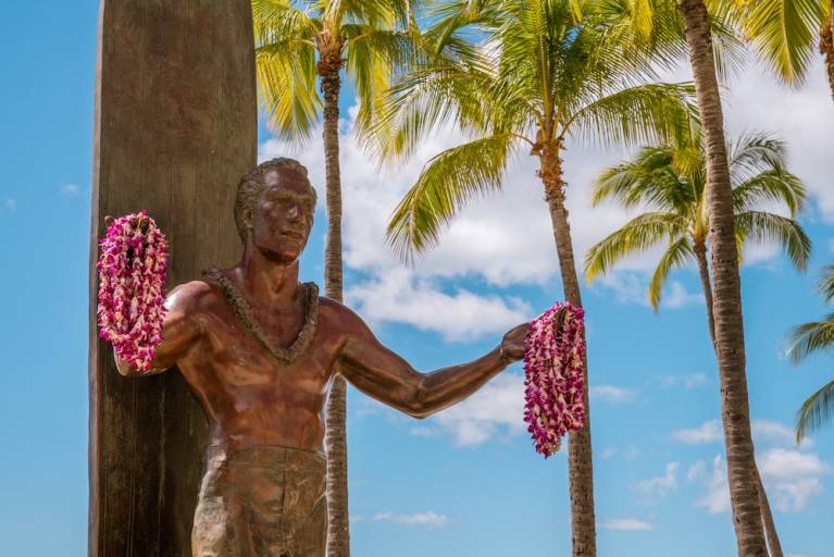 Honolulu, Oahu, HI, US-October 29, 2023: Famous statue of Duke Paoa Kahanamoku - founder of surfing