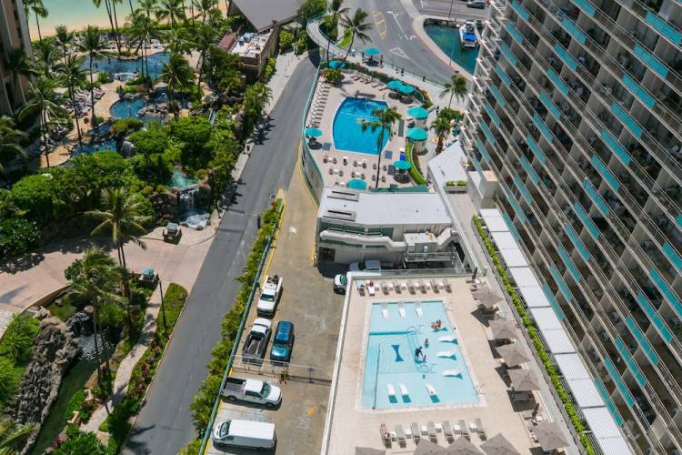 aerial view of pools at Marina Hawaii Vacation's building
