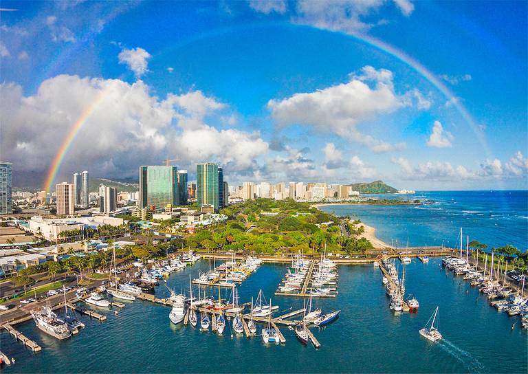 Rainbow over marina in Waikiki